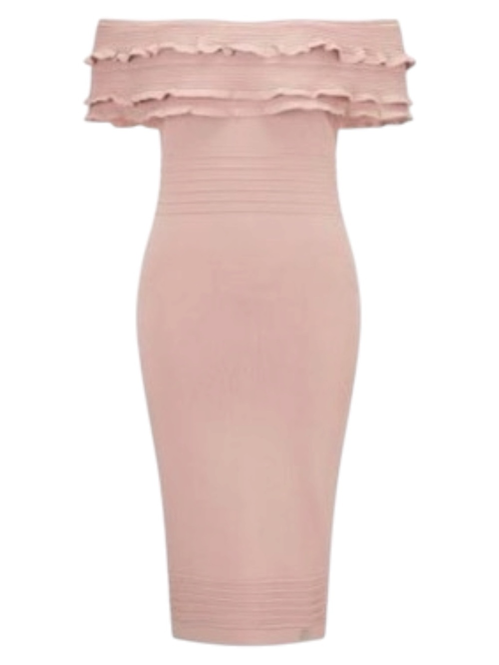 Lipsy London Nude/Blush Pink Bardot Off Shoulder Ruffle Bodycon Dress (6)